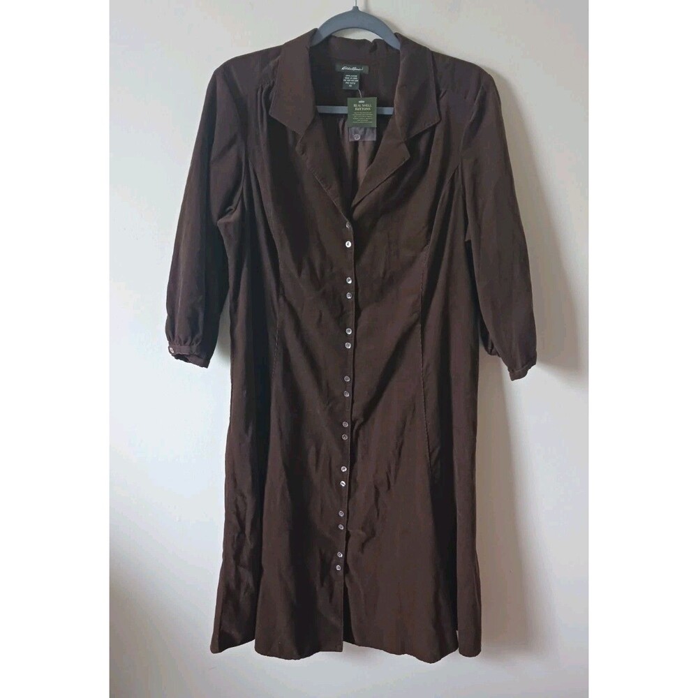 Eddie Bauer Petite Velvet Shirt Dress Brown Button Front‎ Long Sleeve Size 16P
